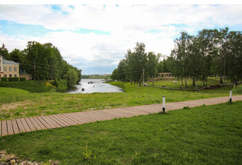 View of the Stone stream flowing into the Volga River. Uglich, Yaroslavl region, Russia