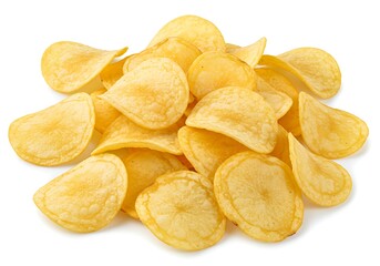A pile of golden potato chips on a white background