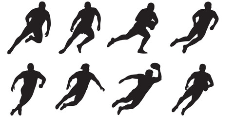 Rugby Player Silhouettes Action Poses, Rugby Players Silhouettes Running Action Poses, set