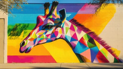 A colorful mural on a brick wall depicts a vibrant, geometric giraffe.