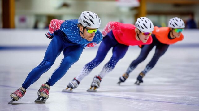 Speed skaters compete on the ice track, racing forward with focused intensity during the event.