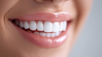 Obraz premium Close-up of a beautiful, radiant smile with perfect, white teeth and pink lips.