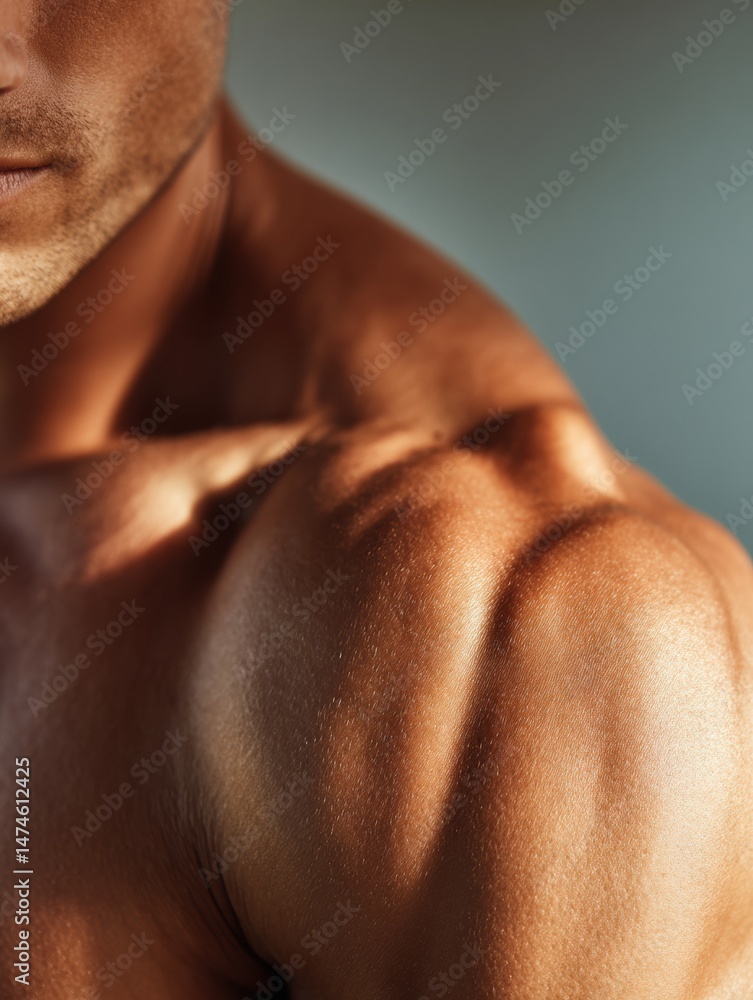 Aufkleber close-up of shoulder muscles under tension with soft shadows, showcasing strength and definition dur