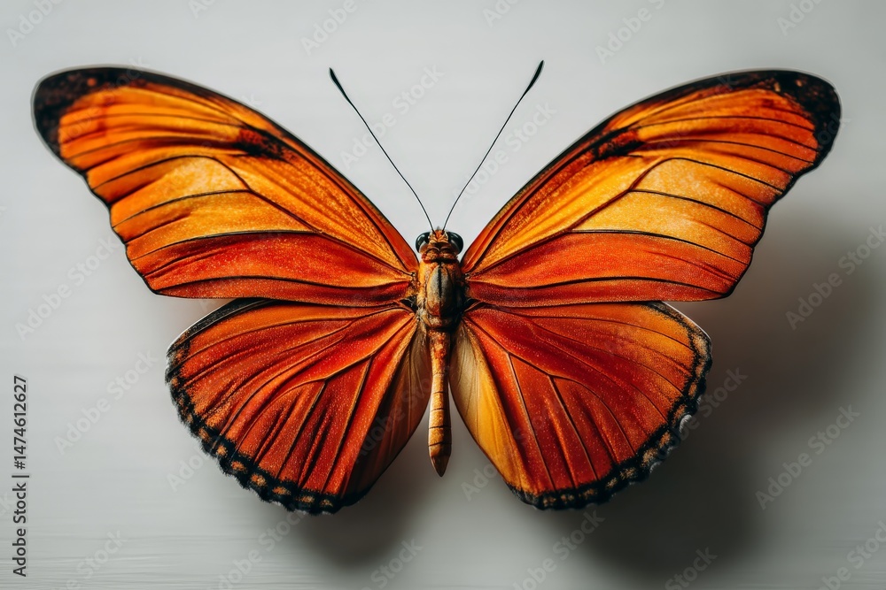 Poster Bright orange butterfly resting on a smooth surface showing intricate wing patterns