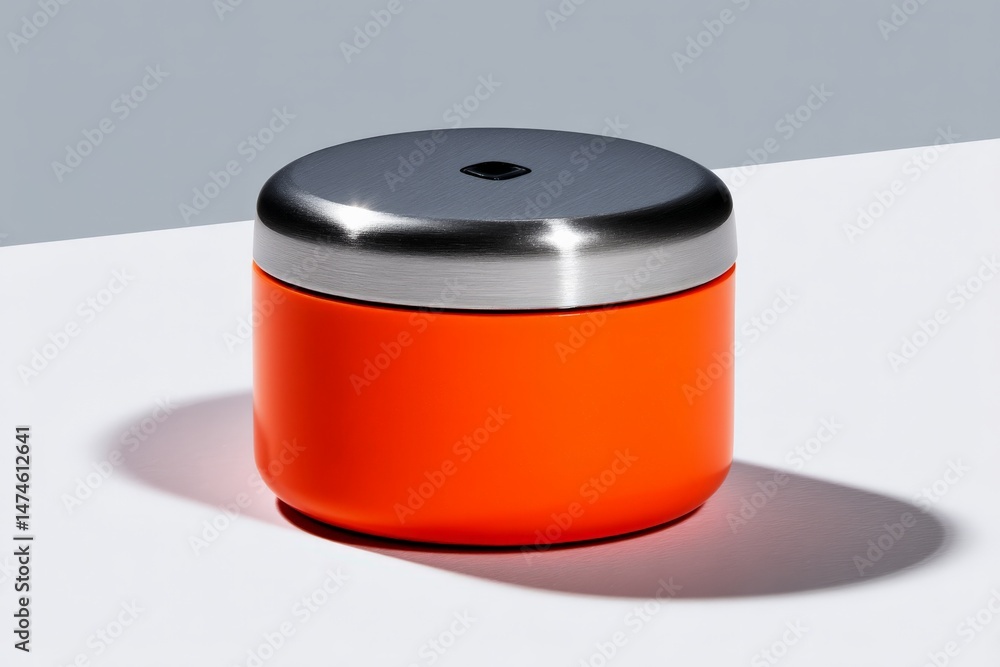 Poster bright orange container with metallic lid placed on a white surface in a modern setting