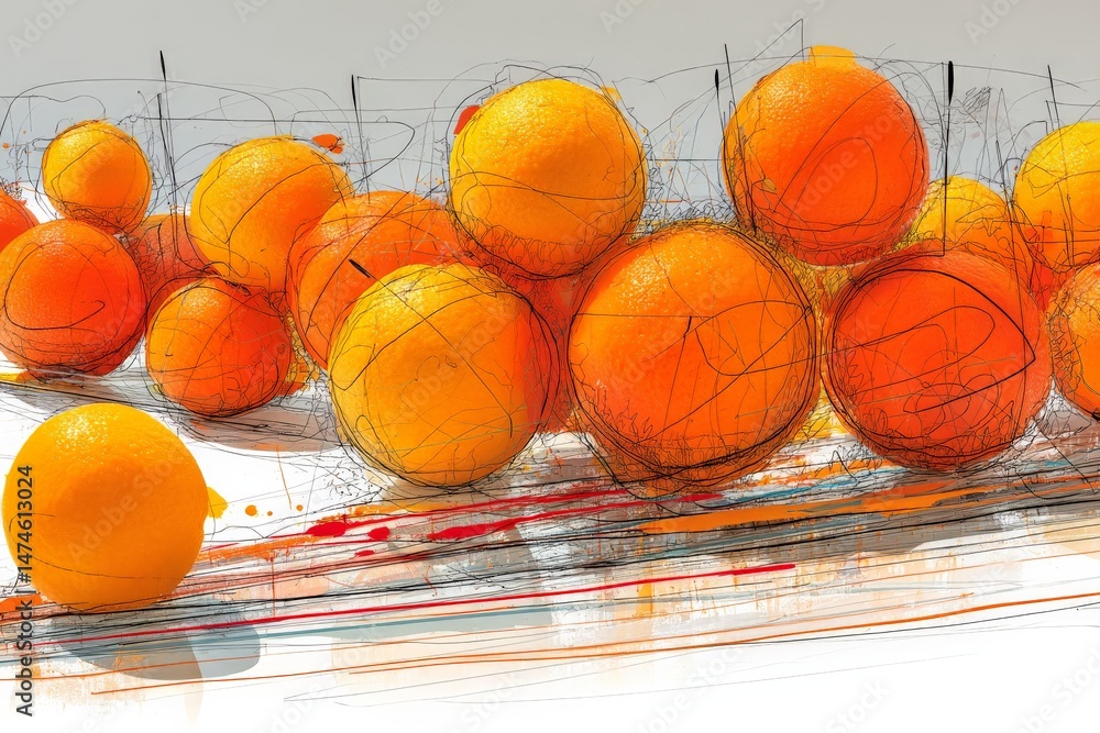 Poster bright orange fruits arranged in a playful composition on a minimalist surface enhancing their vibra