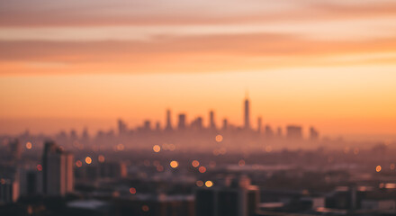 Fototapeta premium City skyline silhouette with bokeh lights at sunrise, blurred background perfect for website banners, social media, and presentations
