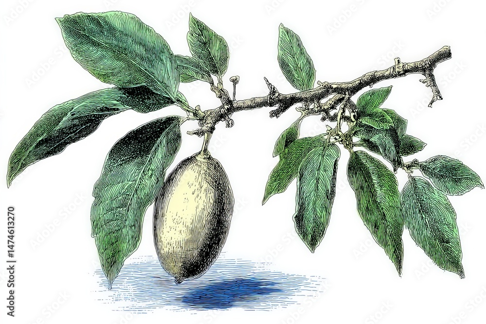 Aufkleber branch with colorful leaves and a single ripe lemon hanging in natural setting