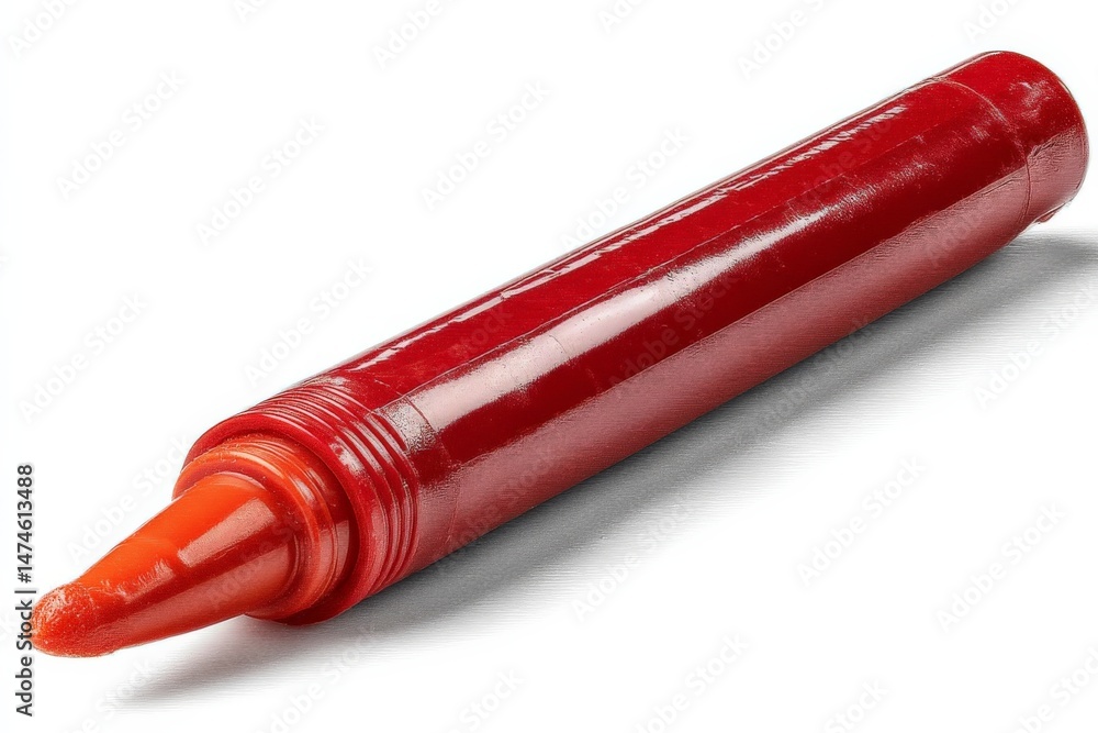 Poster bright red crayon resting on a clean white surface in natural light showcasing its vibrant color and