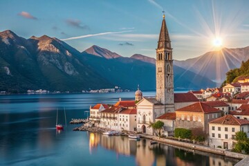 Stunning Panoramic View of Perast, Kotor Bay, Montenegro: Church Towers & Islands
