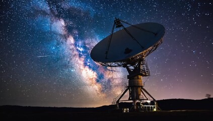 Stunning nighttime view of a massive satellite dish under starry sky with vibrant galactic backdrop for technology and astronomy design