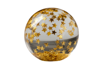 Glass sphere with gold stars, white isolate background