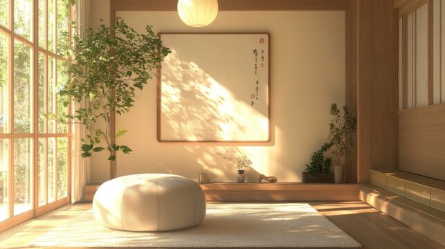 Calm Neutral Living Space with Pouf and Light Fixture.