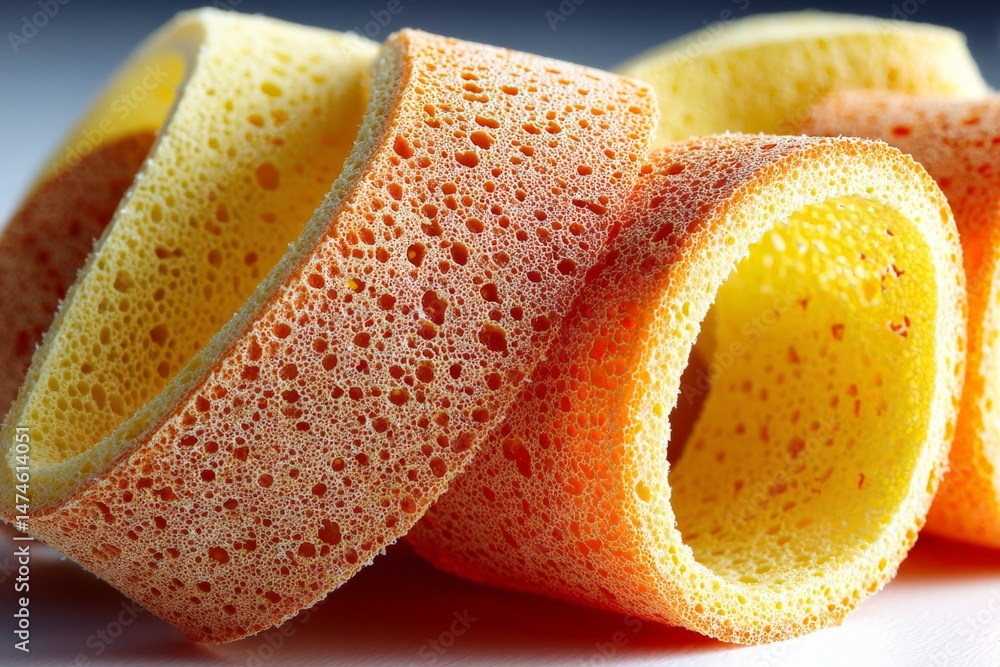 Poster colorful sponge rolls stacked together create an artistic display on a smooth surface