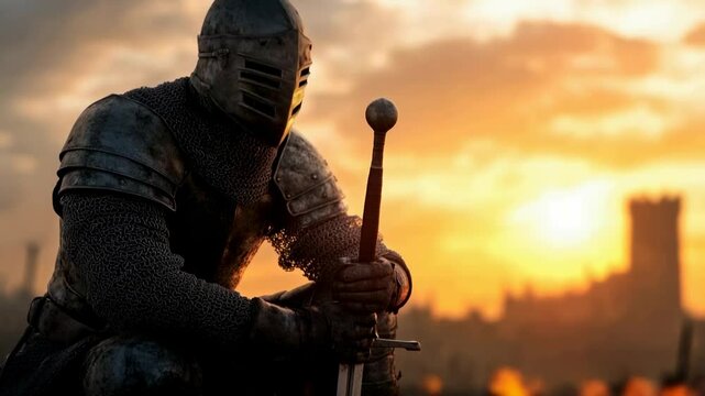 Warrior in armor kneels with sword at sunset overlooking castle ruins