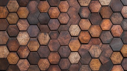 Hexagonal wooden tiles form a textured, geometric pattern with varying shades of brown.