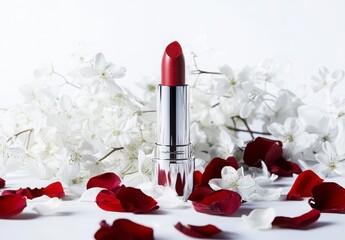 Red Lipstick With White Flowers And Red Petals On White Background