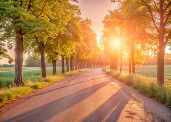 Obraz premium Sun-Dappled Country Lane: Idyllic Tree-Lined Road in Rural Setting