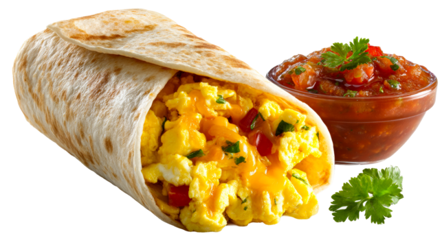 Breakfast burrito with salsa and cilantro on white background