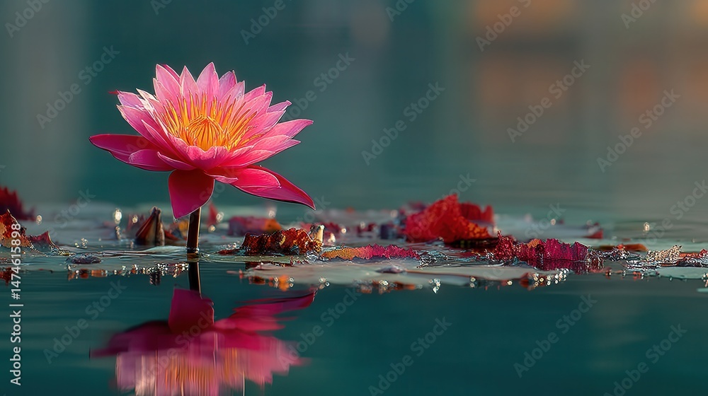 Poster lotus flower on the water on the left side empty space for text.stock image