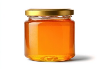 Golden honey in a clear glass jar with a gold lid.