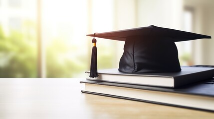 A graduation cap and diploma on a wooden table with a blurred background.