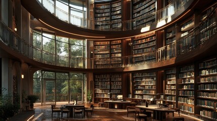 Fototapeta premium Library with grand interior design, circular balcony, towering book walls, and study tables placed in open areas
