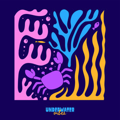 Vintage Summer underwater concept poster or card. Naive abstract print with hand drawn fish, coral, seaweed, crab. Summer holidays, sea theme, vacation travel vector naive hand drawn illustrations.