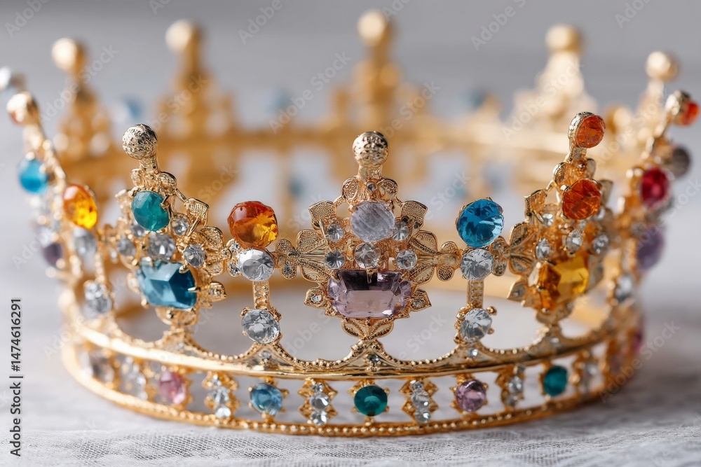 Poster shimmering golden crown adorned with colorful gemstones resting on a soft surface illuminated by nat