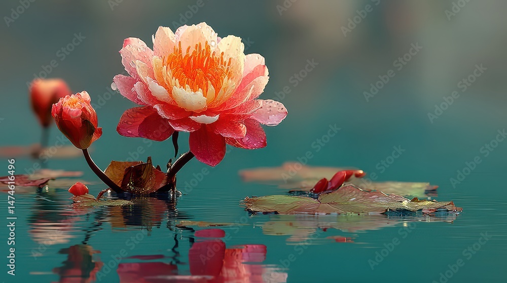 Poster lotus flower on the water on the right side empty water copyspace.stock image