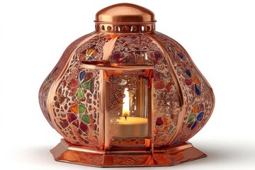 Decorative lantern with colorful glass accents illuminating a cozy space during the evening hours