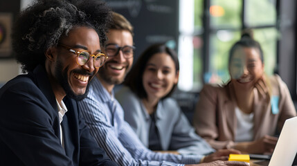 A diverse group of young professionals smiling and collaborating around a table with a laptop present