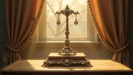 Elegant Ornate Gold Jewelry Display Stand with Hanging Earrings on Wooden Table