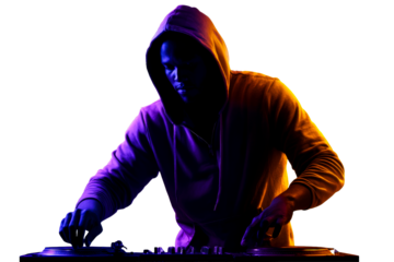 DJ mixing tracks with colorful lights against a transparent background