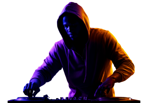 DJ mixing tracks with colorful lights against a transparent background