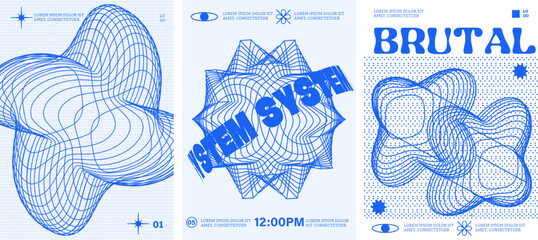 Futuristic brutalism Poster Set Dynamic Blue Graphics striking trio features intricate blue geometric patterns with bold text