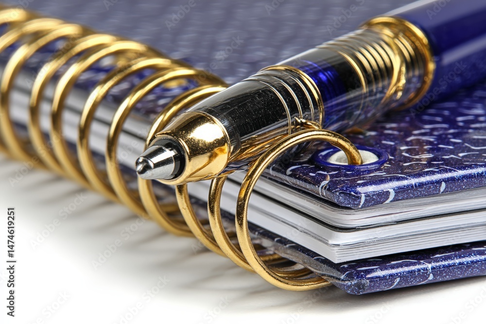 Poster Notebook lying open with a pen resting on top, highlighting a workspace theme