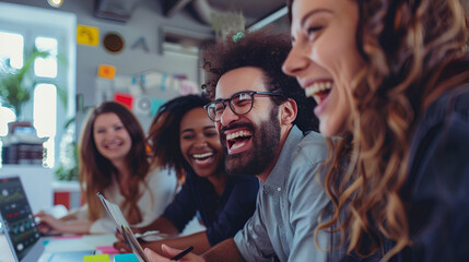Obraz premium Group of diverse young professionals laughing together during a meeting in a modern office space