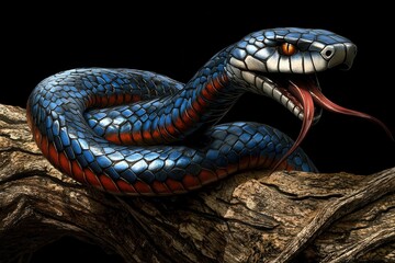 Fototapeta premium Venomous snake coiled on a branch, vibrant blue and red scales, open mouth, detailed texture