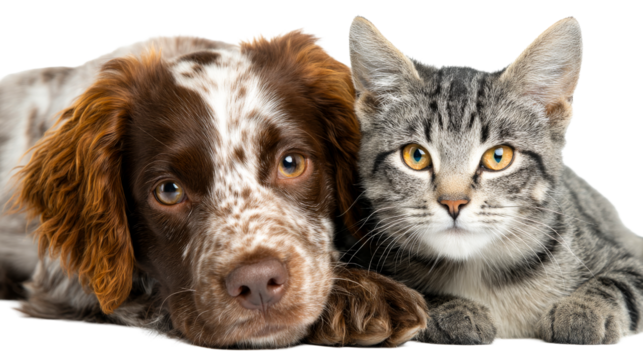 Cute dog and cat cuddling together with transparent background