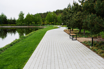 Path alongside a peaceful green park with trees and a calm water body