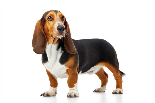 This striking Basset Hound stands in profile, highlighting its long body, droopy ears, and soulful eyes that reflect a characteristic melancholy expression - Powered by Adobe