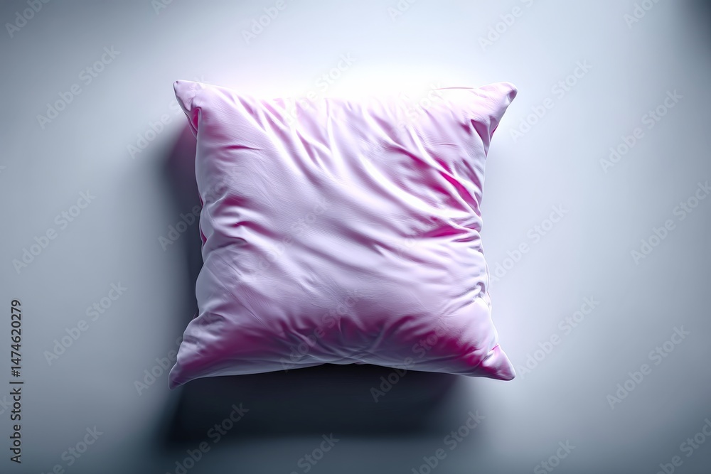 Poster Soft pink cushion resting on a light surface in a well-lit room during the day with subtle shadows enhancing the texture