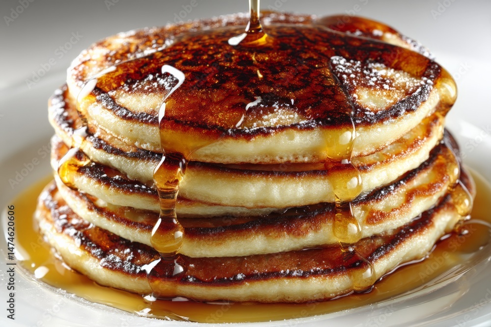 Aufkleber Tall stack of golden pancakes drenched in syrup with a shiny glaze on top creating an inviting breakfast scene