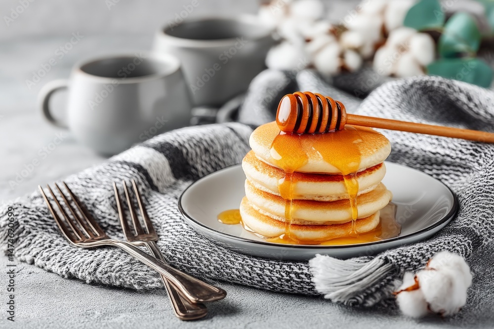 Poster stacked pancakes drizzled with honey on a cozy table setting during breakfast