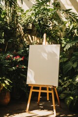 Blank Canvas Art Easel Among Lush Green Plants