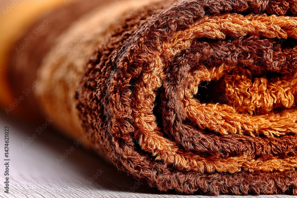 Poster cozy rolled brown towel with textured fibers resting on a wooden surface in soft light