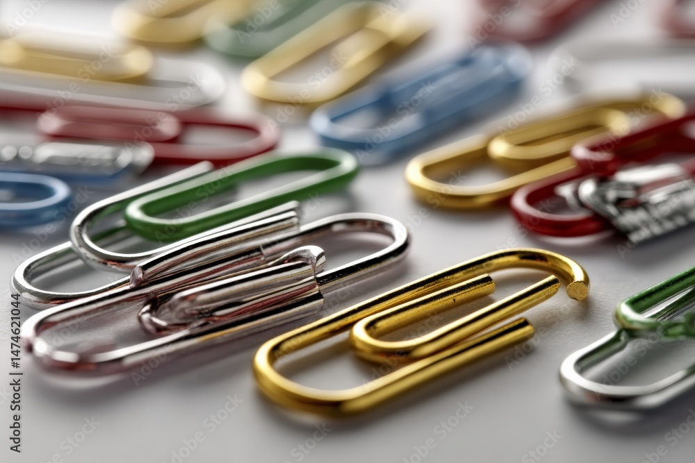 Poster colorful paper clips arranged on a surface showcasing variety and texture in an office setting