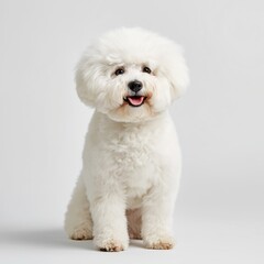 A Bichon Frise stands in a full show stack pose, its fluffy, rounded coat creating a cloud-like effect. The tiny black eyes enhance its proud expression and perfect proportions