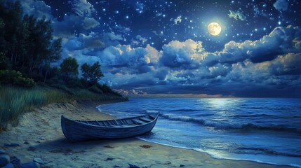A serene night scene depicting a wooden rowboat resting on the shore